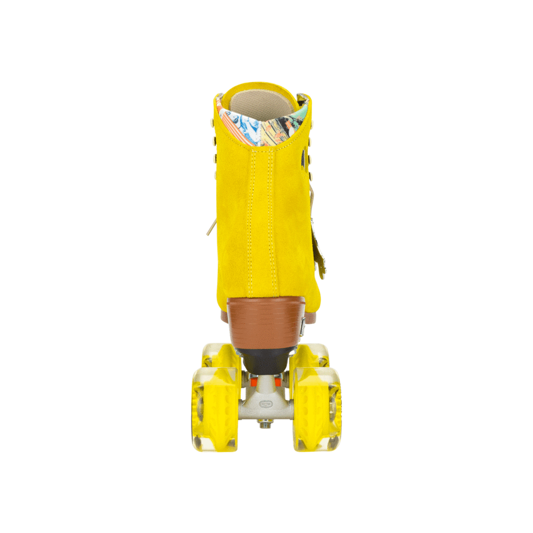 Yellow lace-up roller skates with brown heel sole and front wheels, pineapple accent