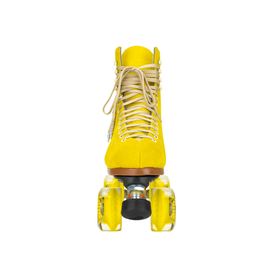 Yellow roller skates front view with long white laces, brown axle hardware, yellow wheels