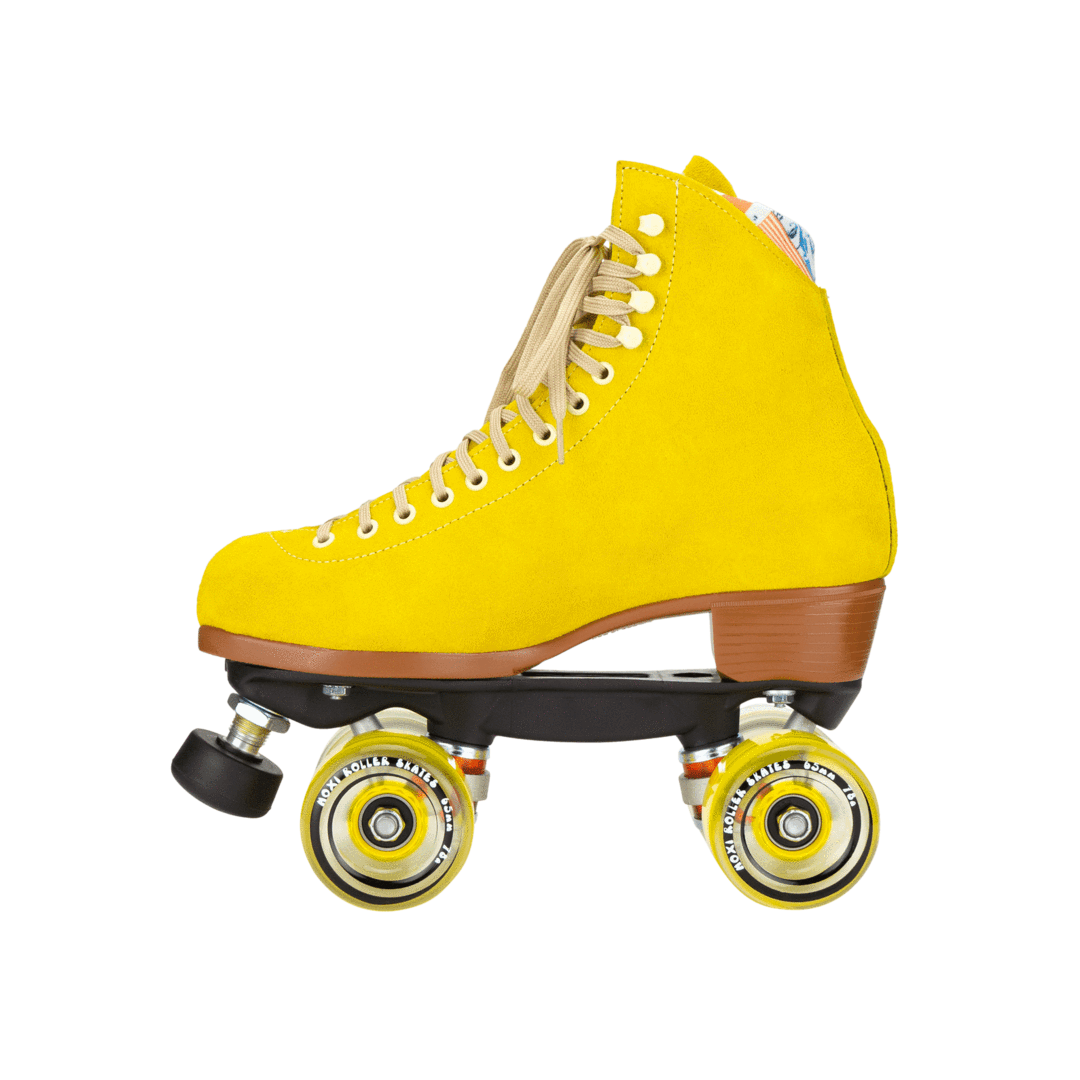 Yellow mid-top roller skates with cream laces, brown heel, black base, striped wheels