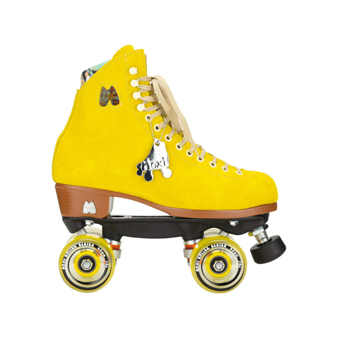 Yellow roller skates with pineapple patch on side, cream laces, brown heel, yellow wheels
