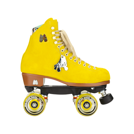 Yellow roller skates with pineapple patch on side, cream laces, brown heel, yellow wheels