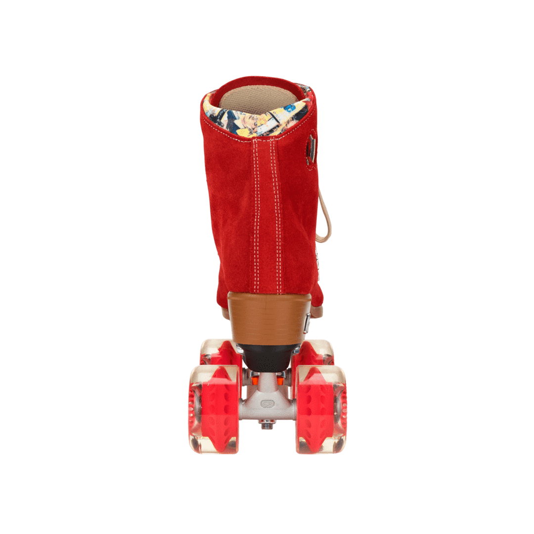 Red high-top roller skate boot with rear wheels and tan heel plate