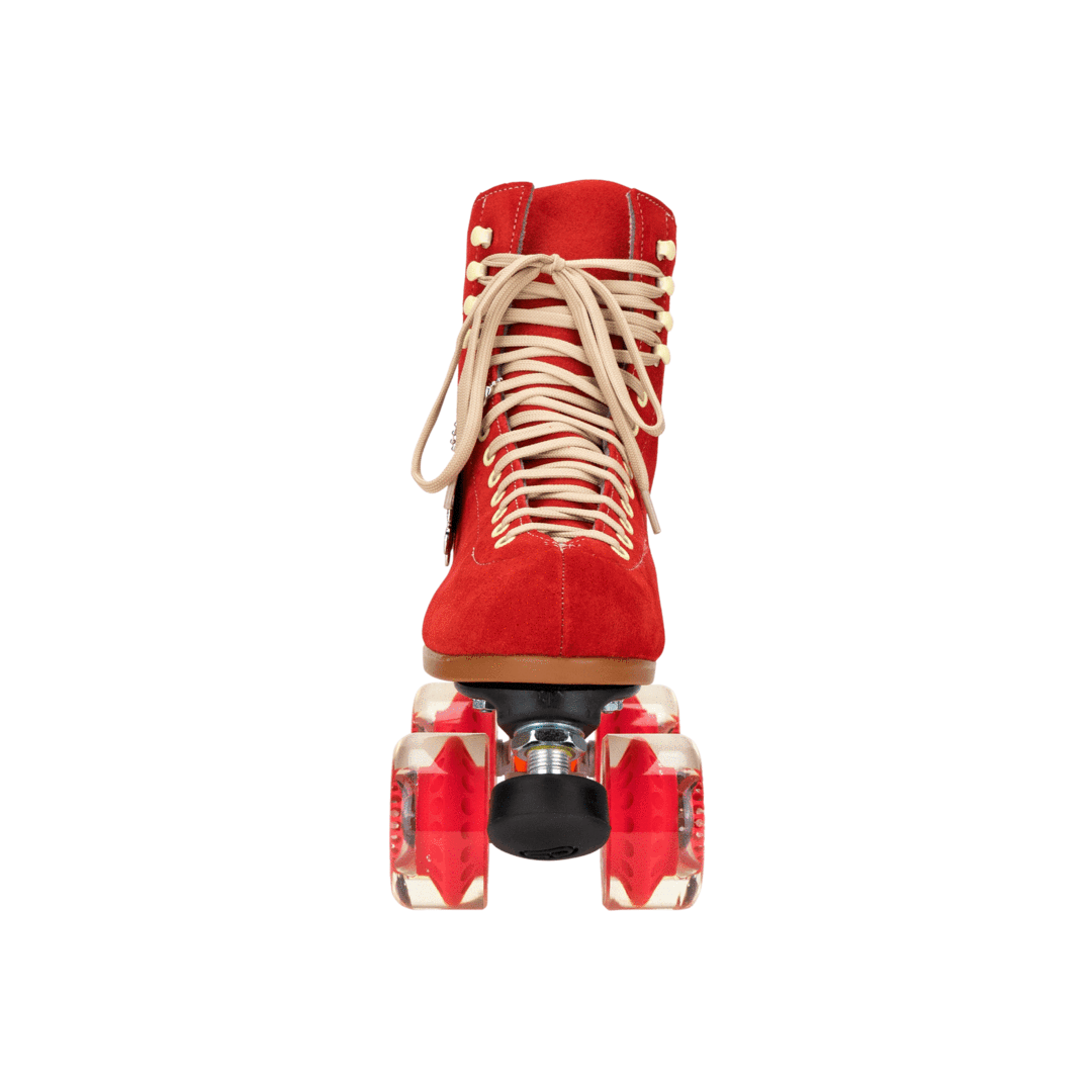 Red roller skate with white lace-up, front toe stop, clear red wheels