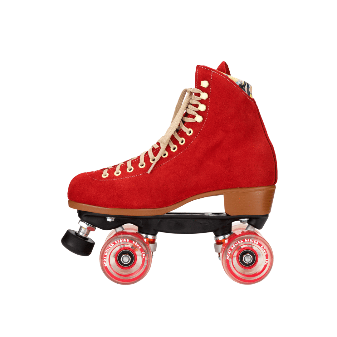 Red suede high-top roller skate with white lace-up, red-and-white wheels