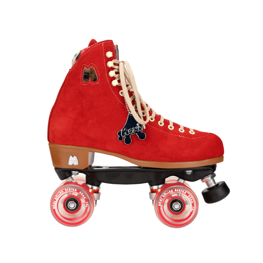 Red suede roller skate with lace-up, cartoon patches, toe stop and wheels