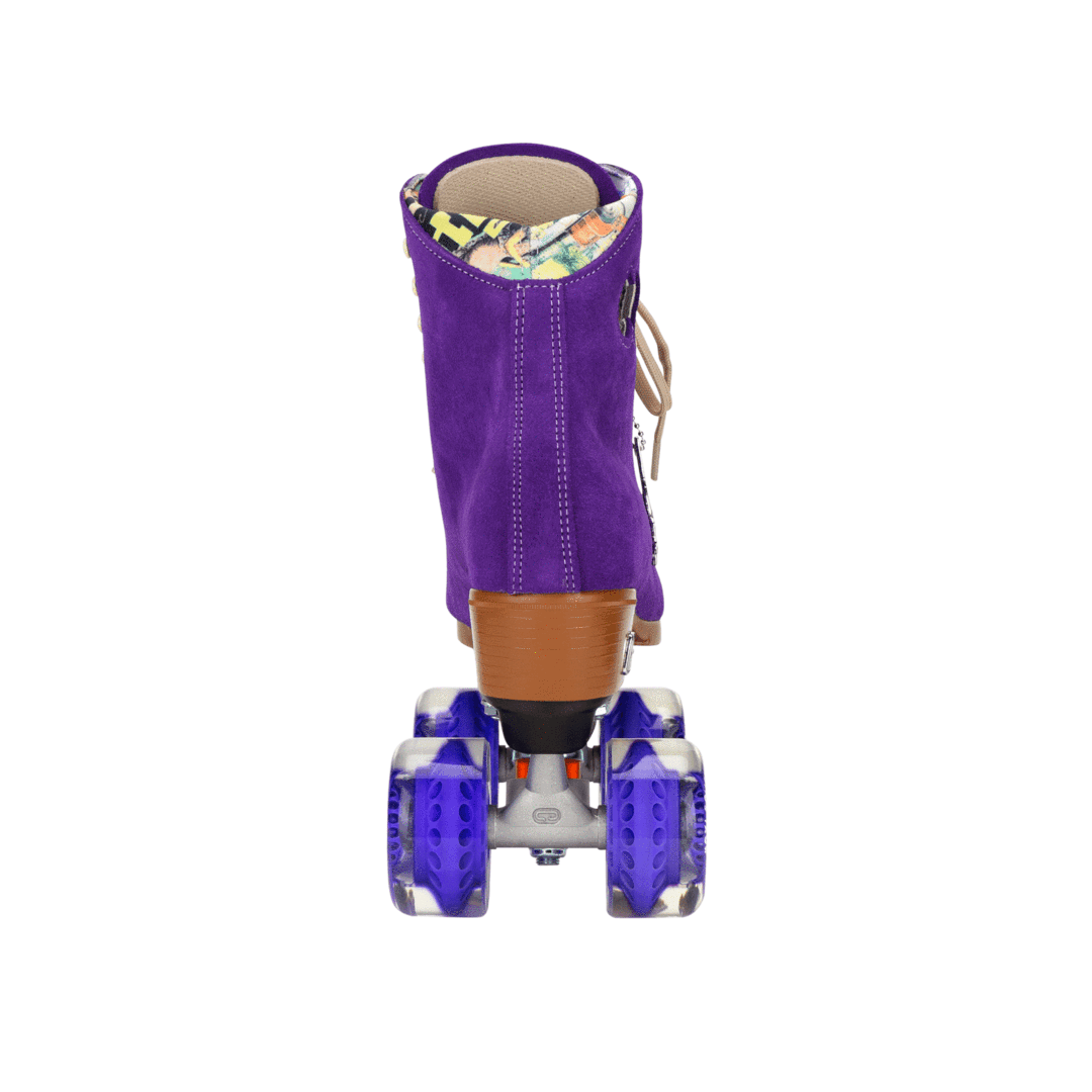 Purple suede roller skates with tan boot and cream laces, purple wheels, front view