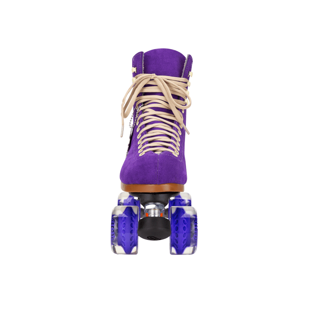 Purple lace-up roller skates with tan boot, purple quad wheels, heel brake, back view