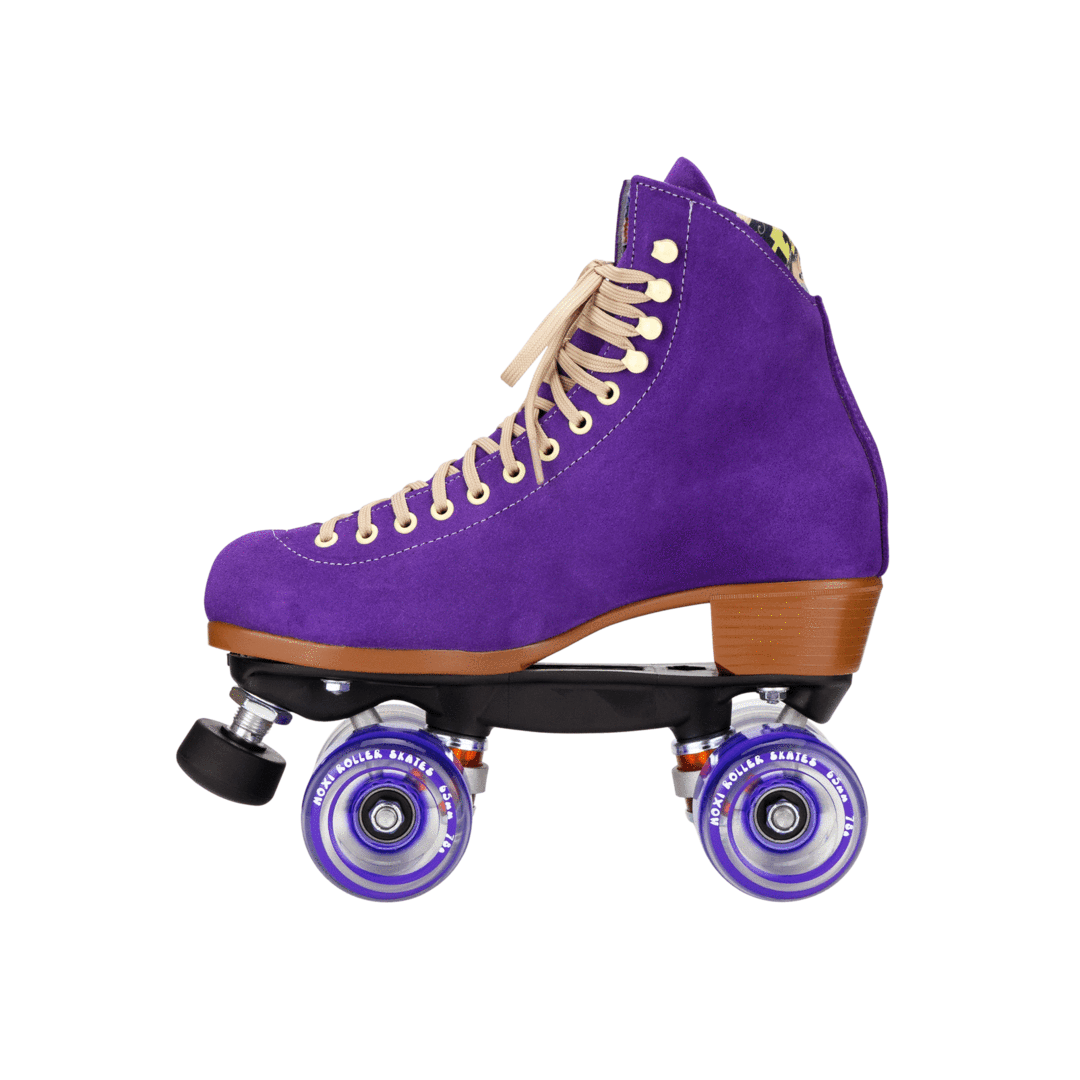 Purple high-top roller skates, cream lace-up, tan sole, purple wheels, side view