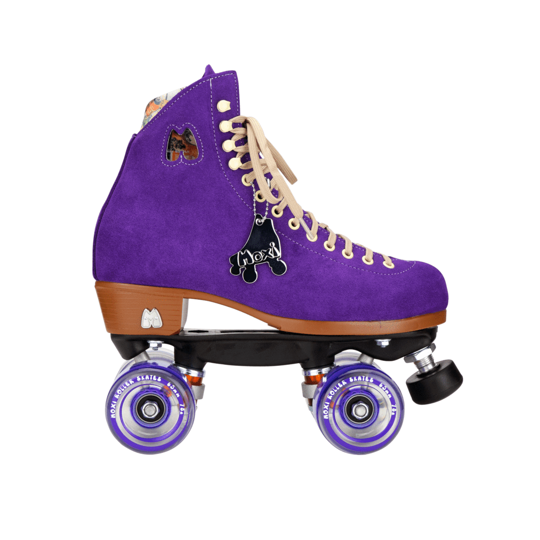 Purple roller skates with tan sole and cream laces, front wheels and toe patch, angled view