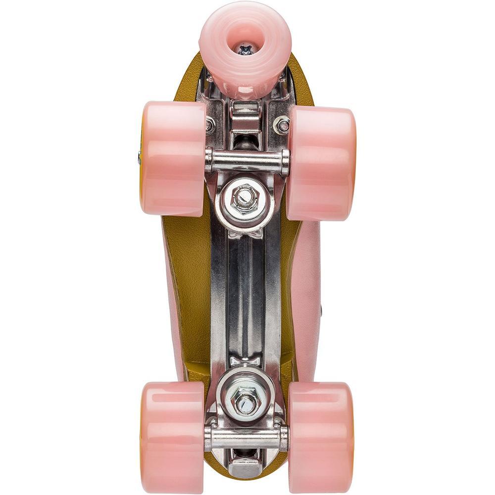 Underside view of Impala quad roller skate trucks with pink wheels