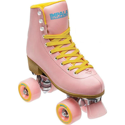 Pink Impala quad roller skate with side logo, yellow laces, and orange wheels