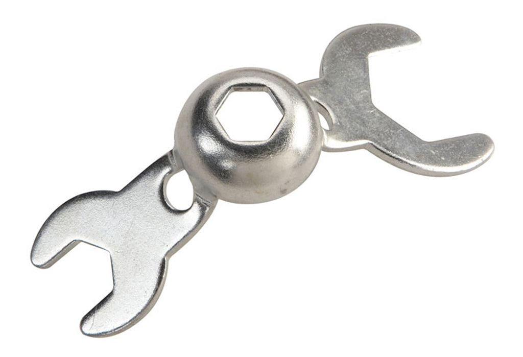 Silver metal skate tool wrench with hex socket and open ends