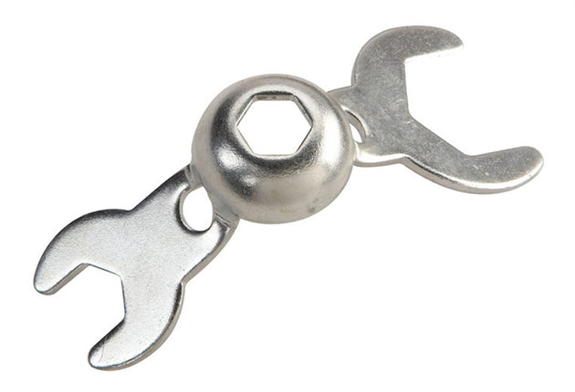 Silver metal skate tool wrench with hex socket and open ends